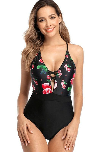 Black Floral One Piece Swimsuit