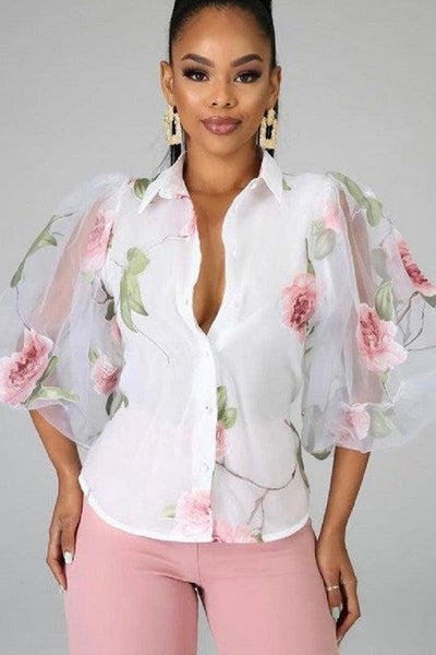 Pink Floral Balloon Sleeves Top