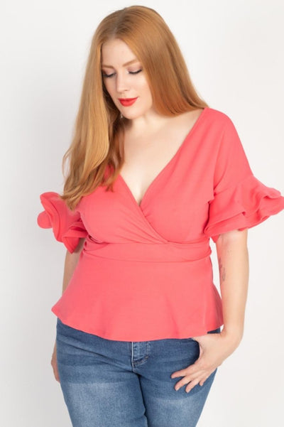 Royal Curves Coral Tiered Ruffled Sleeve Top