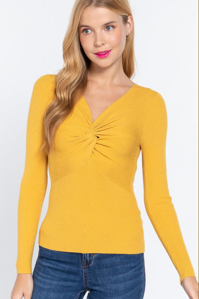Mustard V-Neck Knotted Sweater Top