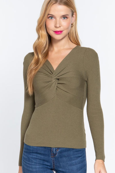 Olive V-Neck Knotted Sweater Top
