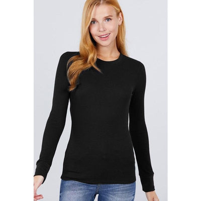 Black Long Sleeve Crew Neck Thermal Knit