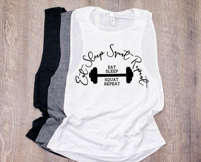 Eat Sleep Squat Repeat Workout Muscle Tank-White
