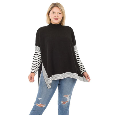 Contrast Mock Neck Poncho Sweater