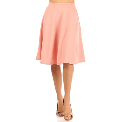 Peach Solid High Waist A-Line Midi Skirt